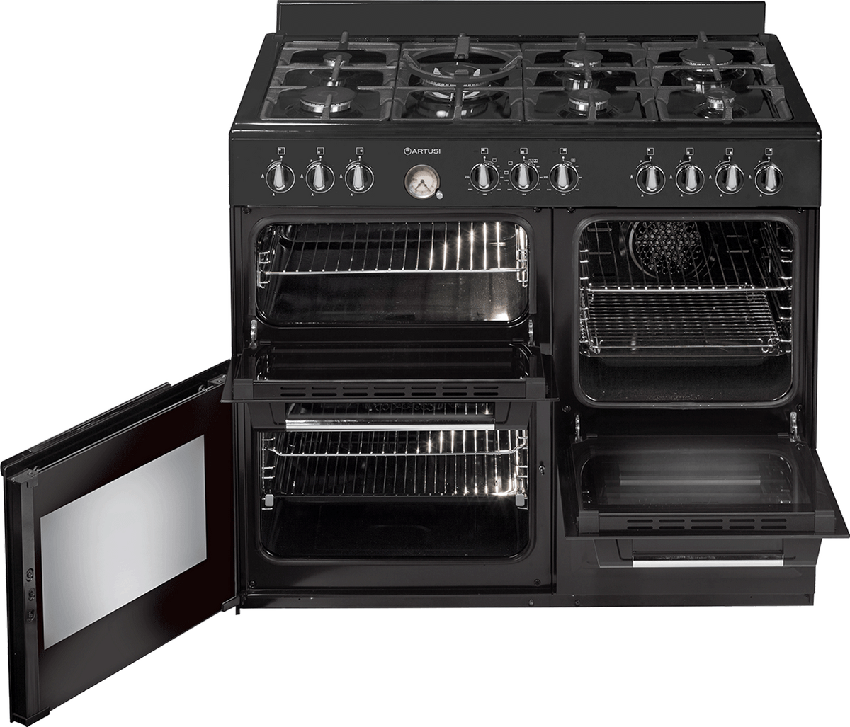 Artusi AFGR1047B 100cm Freestanding Cooker - front view with oven doors open