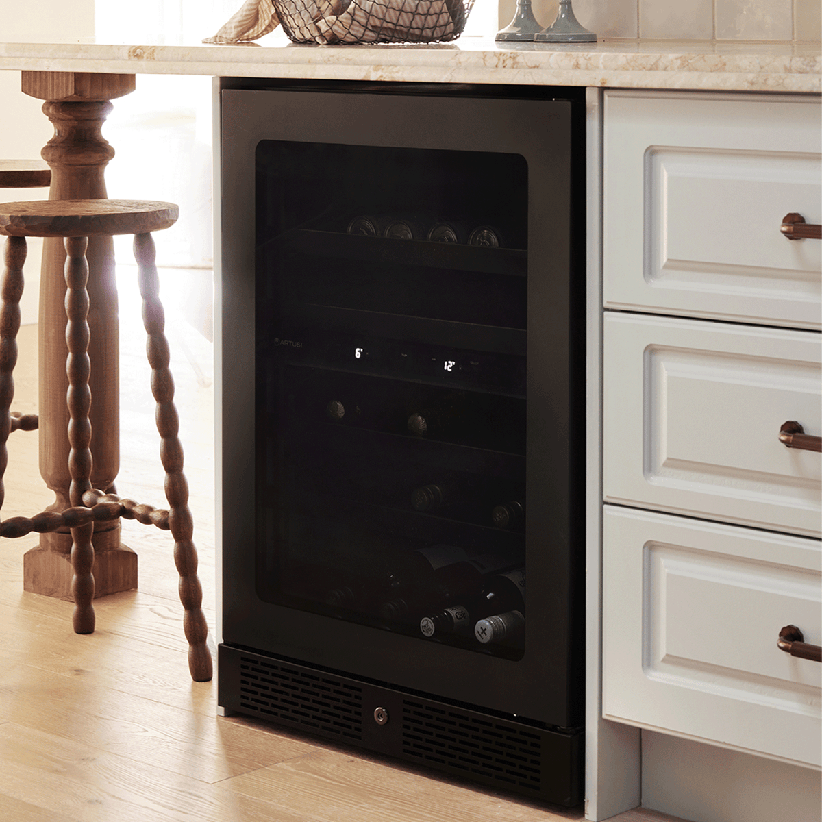 Artusi ABC142BV beverage cooler lifestyle - built in beside kitchen cabinetry