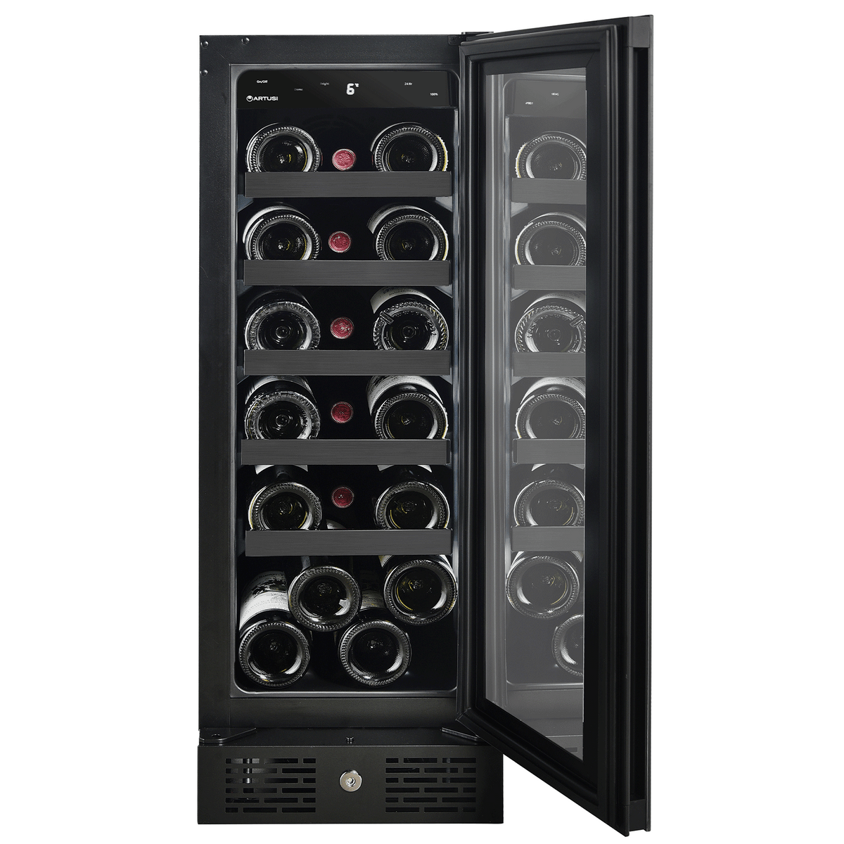 Artusi AWC18BV wine cellar with the door open, showing five shelves loaded with wine bottles