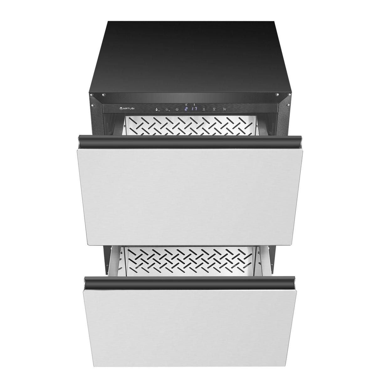 Artusi AUBF620X dual drawer beverage chiller with both drawers open