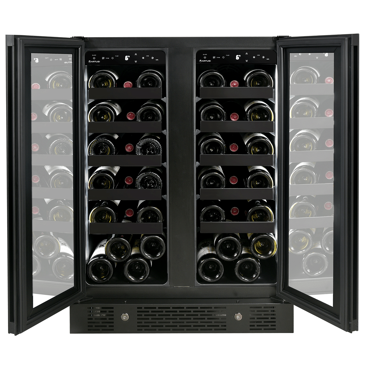 Artusi AWC36BV wine cellar with both doors open, showing half-width shelves loaded with wine bottles