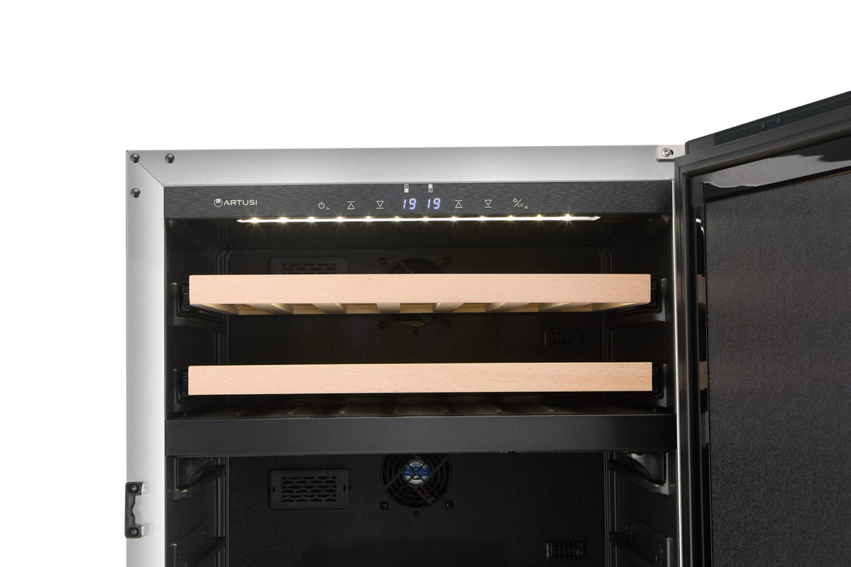 Artusi AOFDZ127X dual zone beverage chiller with door open showing two beech wood shelves