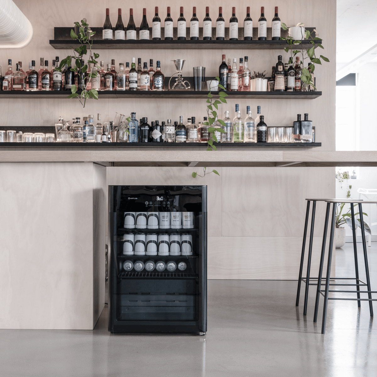 Artusi ABC1B bar fridge lifestyle - freestanding in a home bar