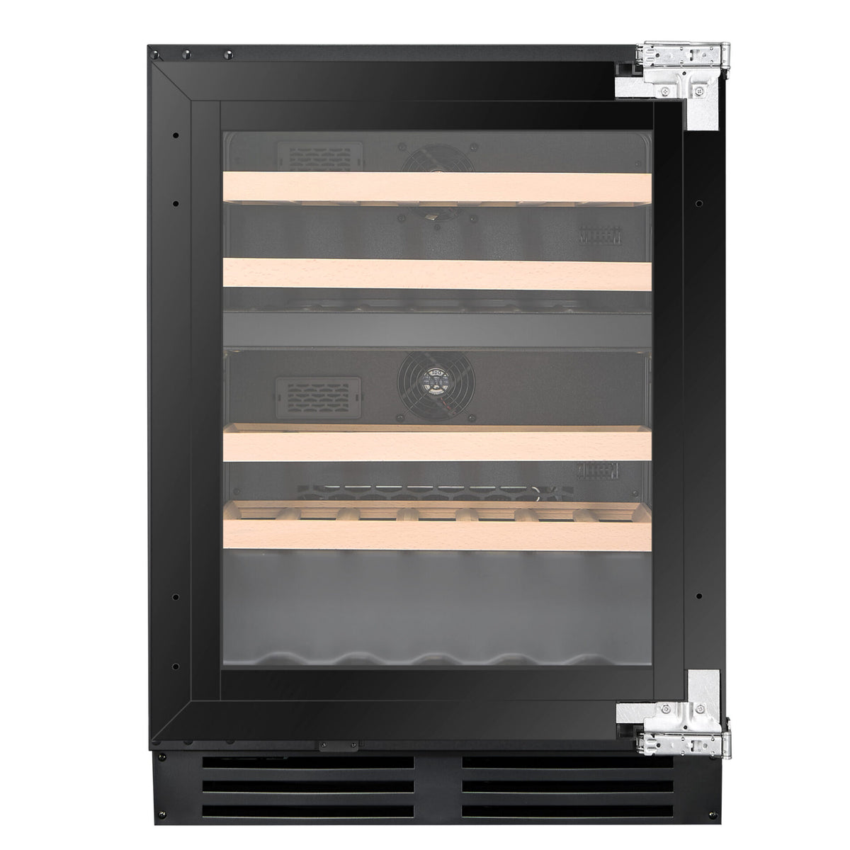 Artusi AINT119GWE underbench wine cellar, straight-on front view of the black glass door with wooden shelves visible