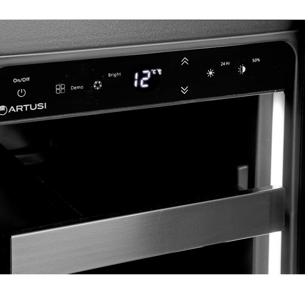 Artusi wine cellar touch control display with white interior lighting selected