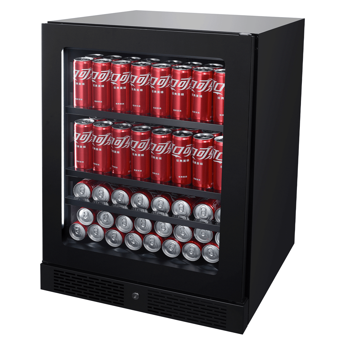 Artusi ABC142BV beverage cooler angled view stocked with cans