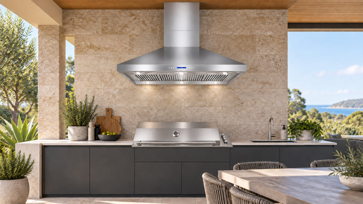 Artusi ACH12BBQB BBQ hood in a complete outdoor kitchen