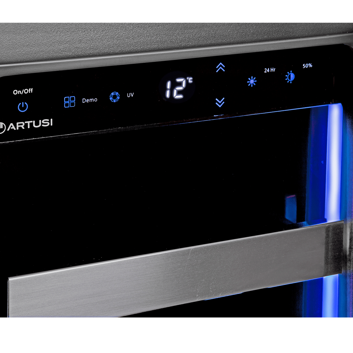 Artusi wine cellar touch control display with blue UV interior lighting selected