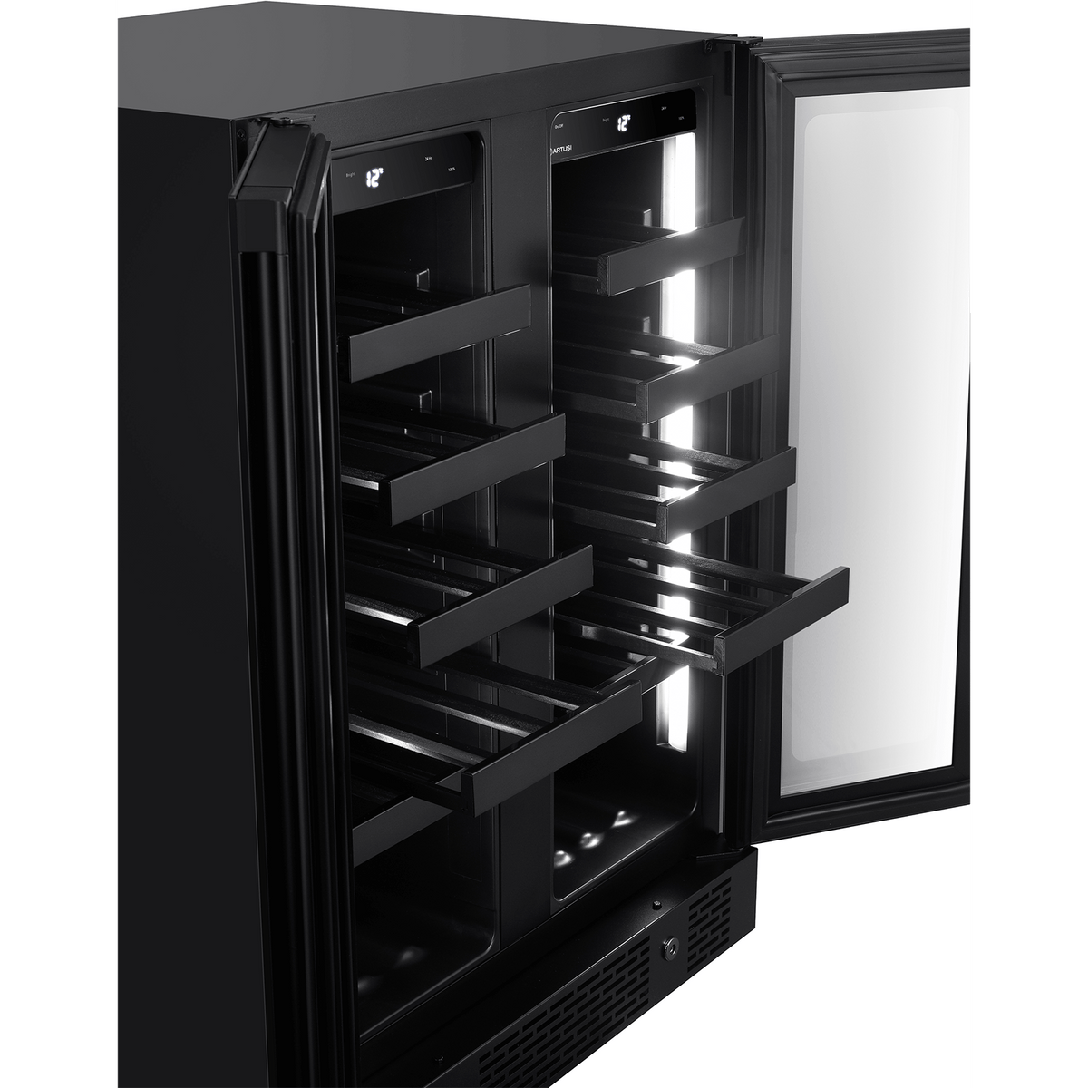 Artusi AWC36BV wine cellar with one door open and a shelf pulled out under interior lighting