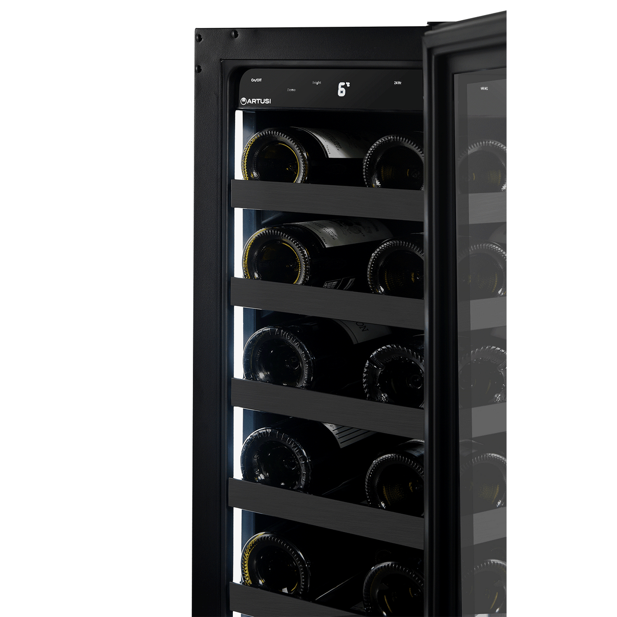 Artusi AWC18BV wine cellar, interior view of bottles stored on black wooden shelves