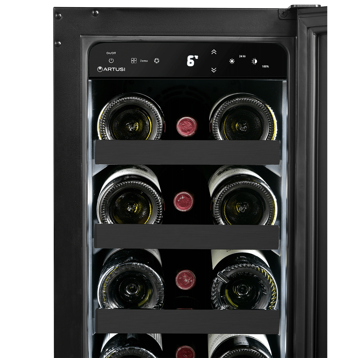 Artusi AWC18BV wine cellar, close-up of wine bottles on shelves with the touch control display above