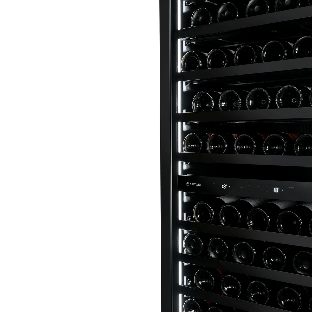 Artusi AWC154BV wine cellar, side view of the interior with bottles stored on the shelves