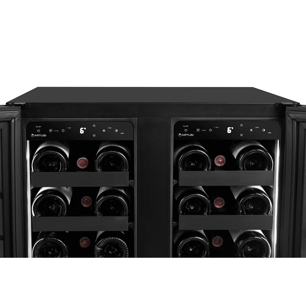 Artusi AWC36BV wine cellar, top-down view of the two compartments with bottles