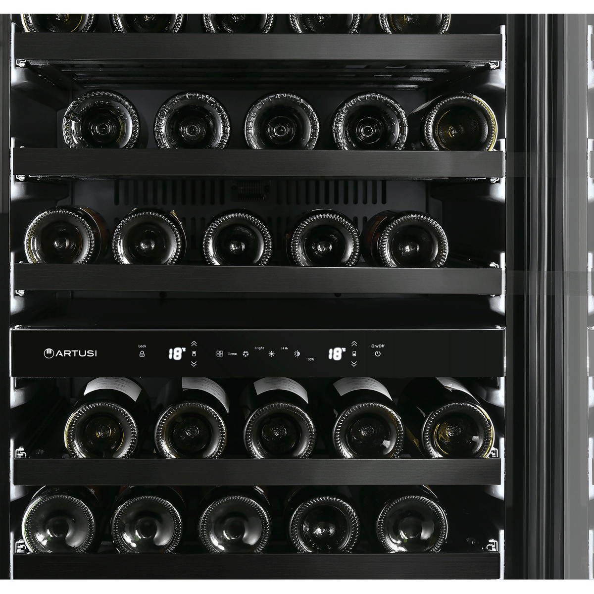 Artusi AWC154BV wine cellar, close-up of bottles on shelves with the interior lit