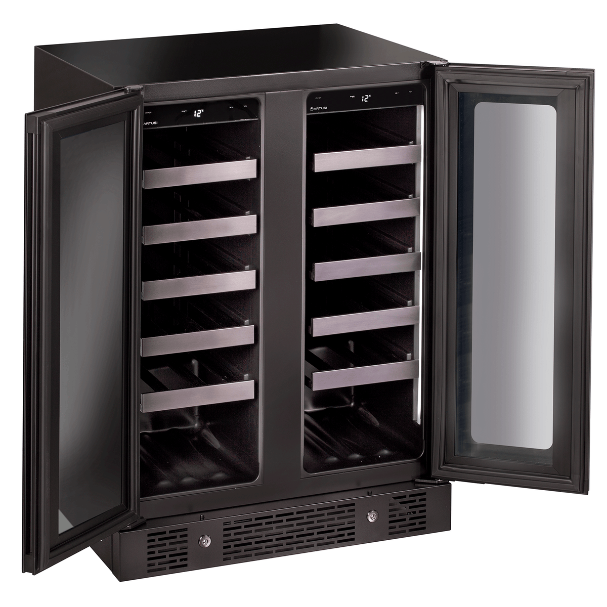Artusi AWC36BV wine cellar with both glass doors open at an angle