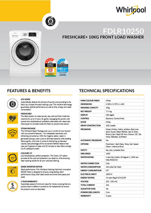 Whirlpool FDLR10250 FreshCare+ 10kg Front Load Washing Machine