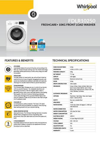 Whirlpool FDLR10250 FreshCare+ 10kg Front Load Washing Machine