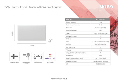 Nobo NTL4R10-FS40 1kW Wi-Fi Panel Heater with Castors