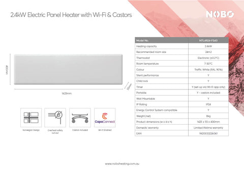 Nobo NTL4R24-FS40 2.4kW Wi-Fi Panel Heater with Castors