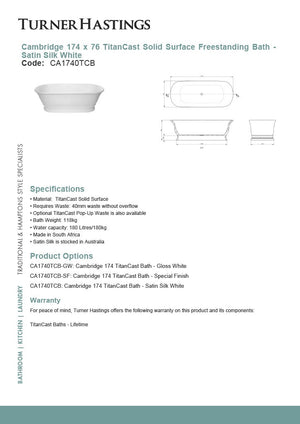 Turner Hastings CA1740TCB Cambridge 174cm TitanCast Solid Surface Freestanding Bath