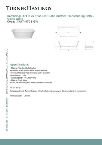 Turner Hastings CA1740TCB Cambridge 174cm TitanCast Solid Surface Freestanding Bath