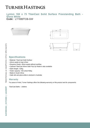 Turner Hastings LY1680TCB Lynton 168cm TitanCast Solid Surface Freestanding Bath