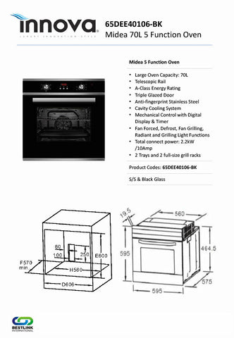 Midea 65DEE40106BK 60cm 5 Function Oven with Digital Display