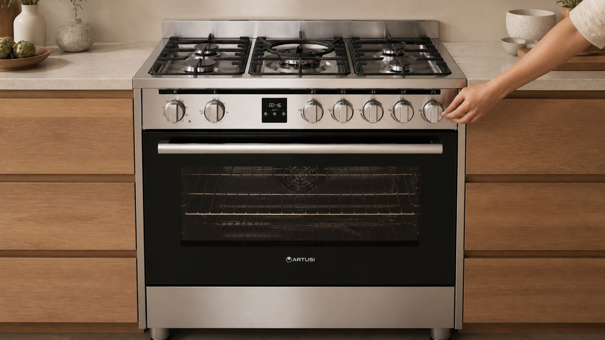 Artusi AFG915 90cm Freestanding Dual Fuel Cooker lifestyle - simple control