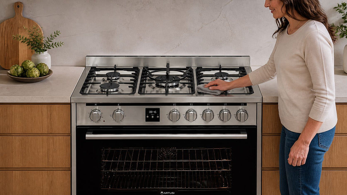 Artusi AFG915 90cm Freestanding Dual Fuel Cooker lifestyle - easy clean
