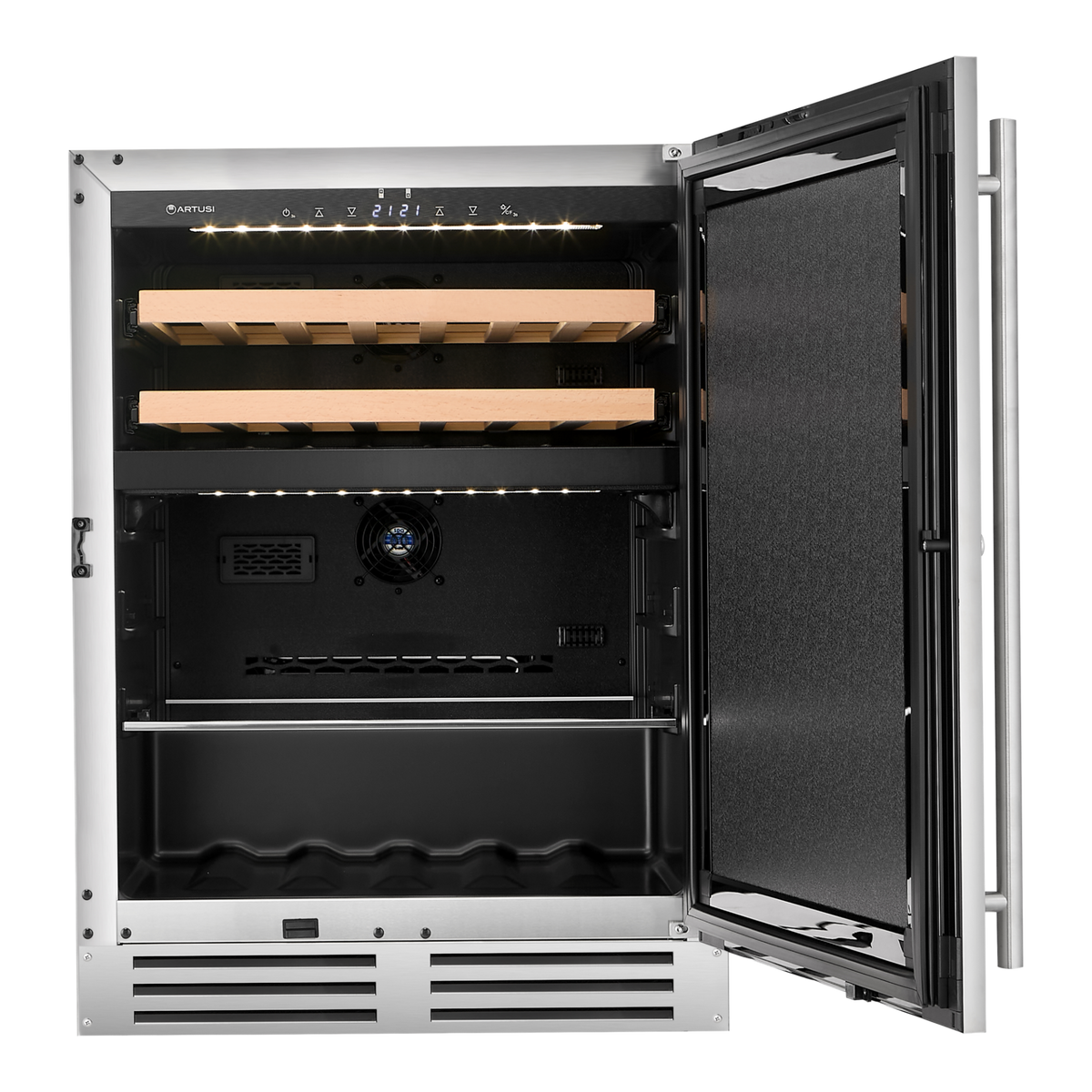 Artusi AOFDZ127X 127L dual zone outdoor beverage chiller with door open showing beech wood shelves