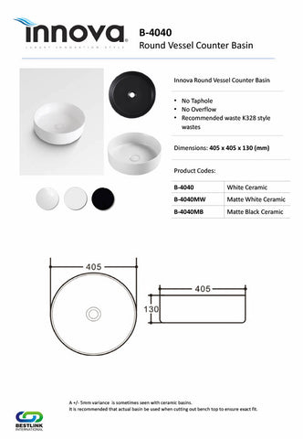 Innova B4040 Above Counter Round Ceramic Vessel Basin