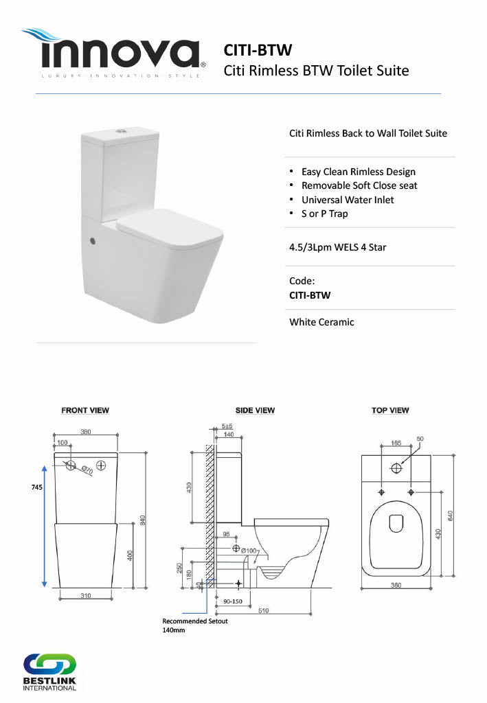 Innova CITIBTW Citi Rimless Back to Wall Toilet Suite 8Appliances