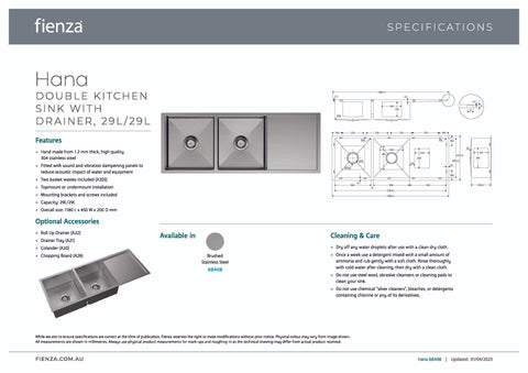 Fienza 68408-KIT Hana 58L Double Kitchen Sink With Drainer Kit