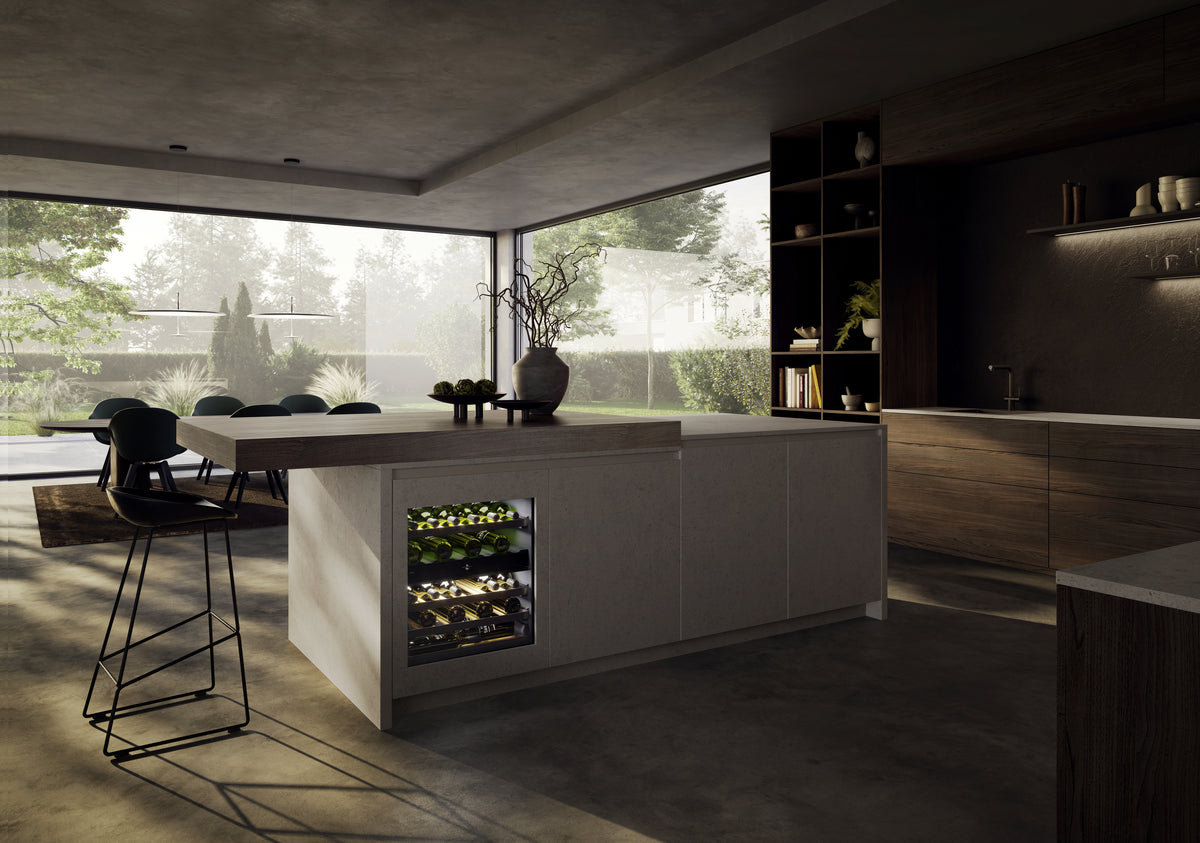 Wide contemporary kitchen featuring the Liebherr UWpr 3662 underbench wine fridge