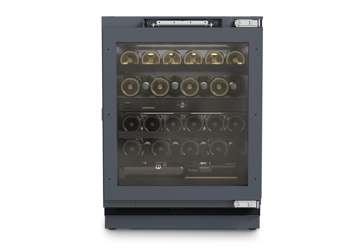 Liebherr UWpr 3662 dual-zone underbench wine fridge, closed front view with bottles