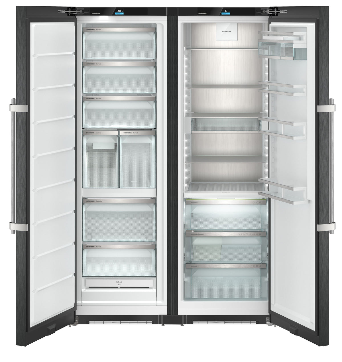 Liebherr XRFbsh 5265 BlackSteel side-by-side fridge-freezer with freezer door open