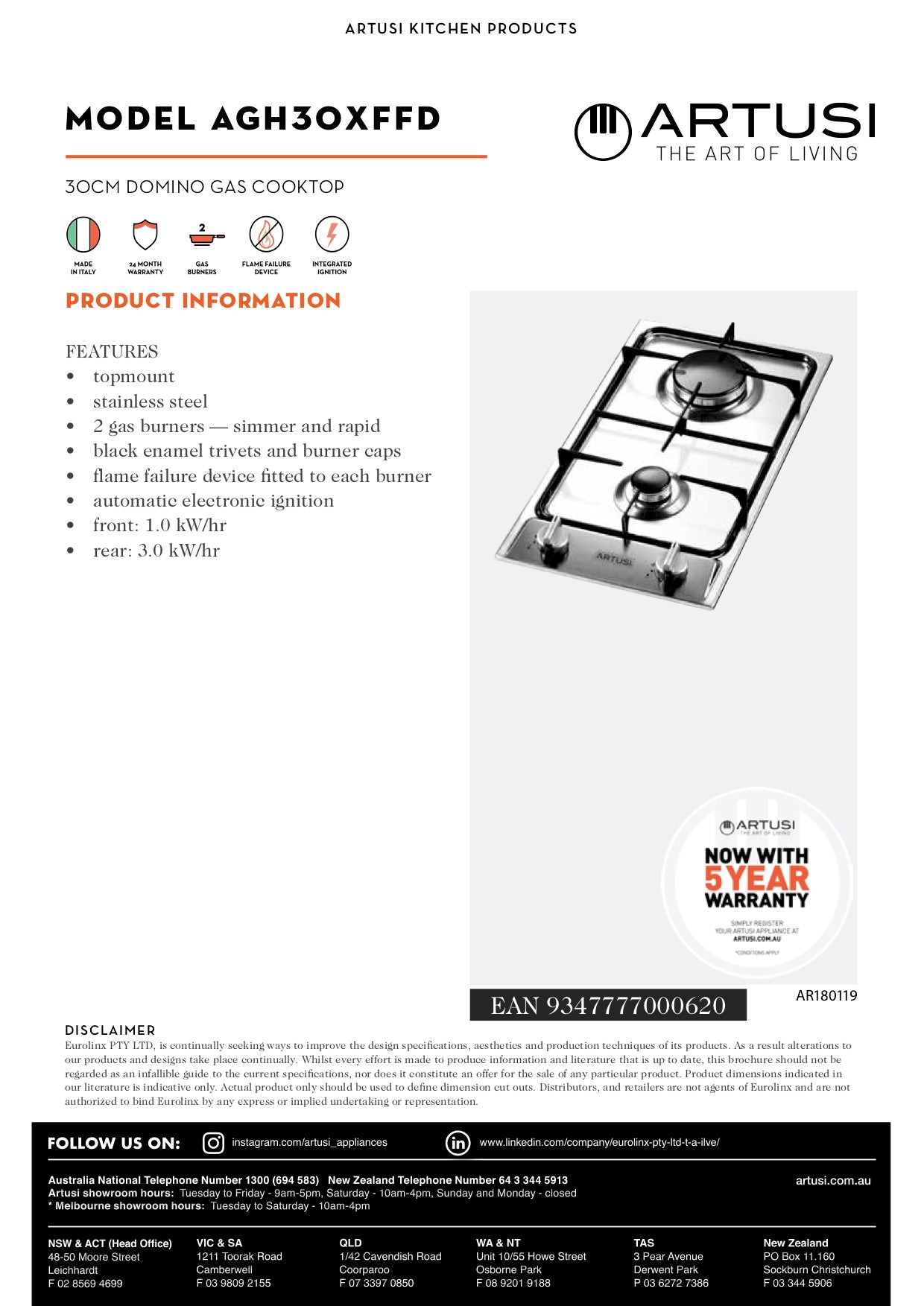 Artusi AGH30XFFD Domino Gas Cooktops 8Appliances