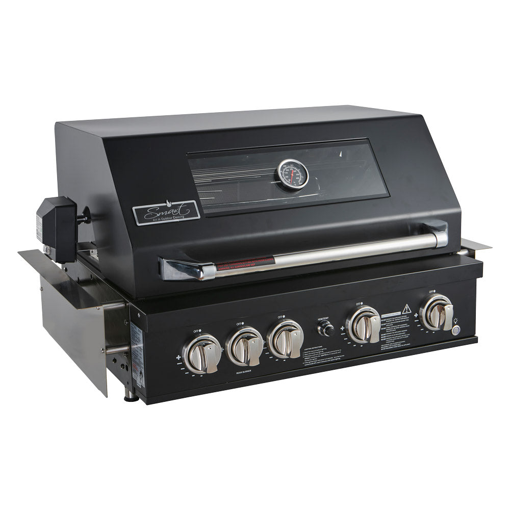 Smart 401WB 4 burner built-in gas BBQ with rotisserie in black, front left view with hood closed