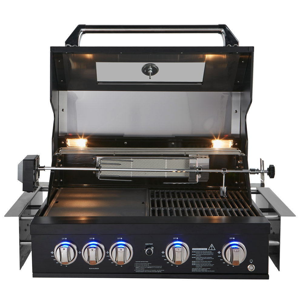 Smart 401WB black built-in gas BBQ front view with hood open and blue LED control knobs
