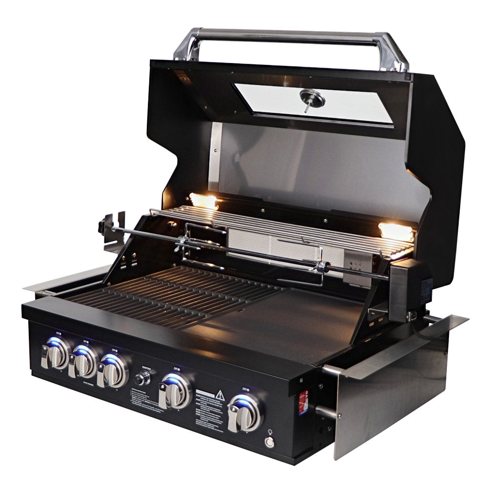 Smart 401WB black built-in gas BBQ with open hood and under-hood lighting