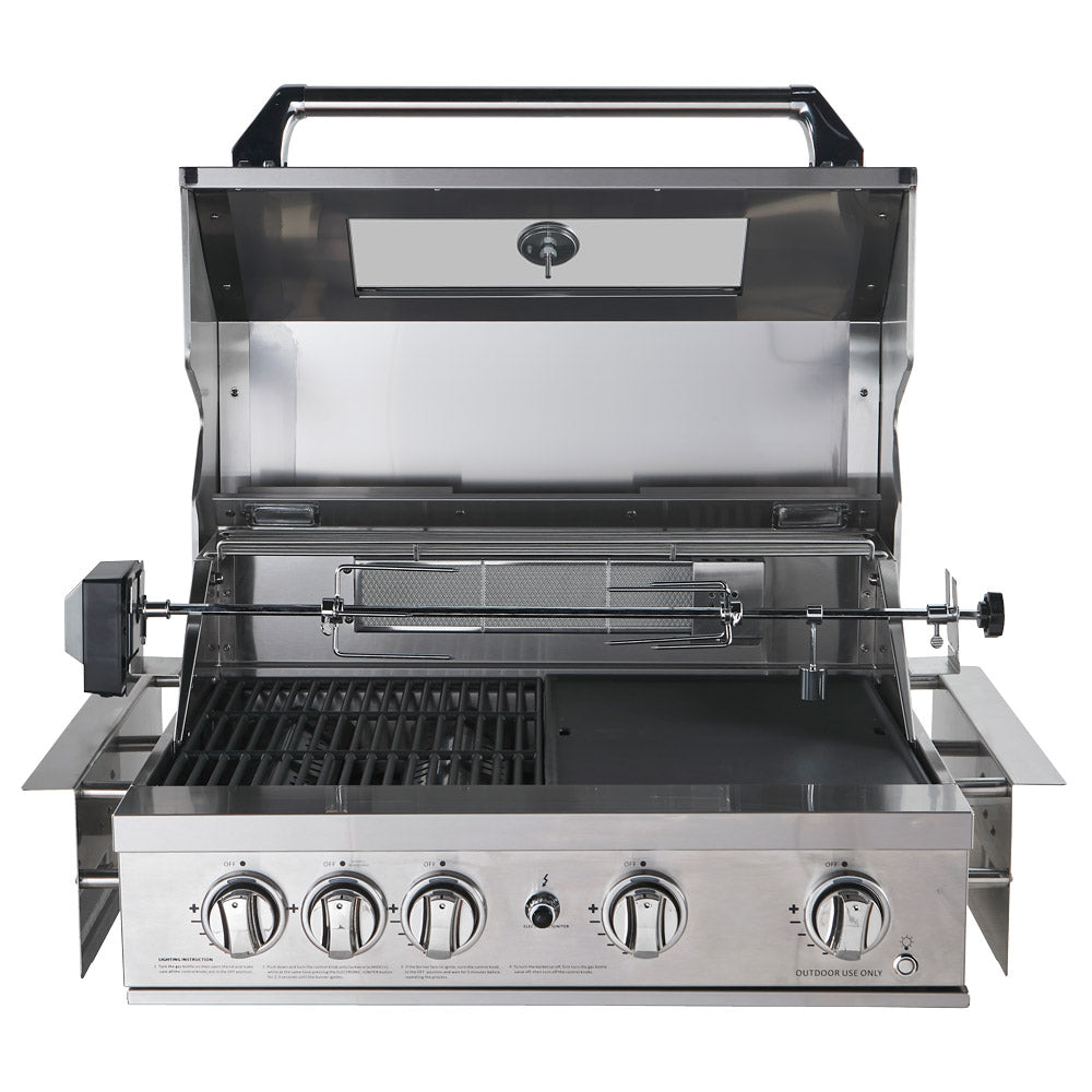 Smart 401WB stainless steel built-in gas BBQ front view with hood open and rotisserie