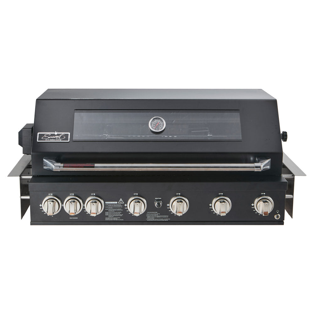 Smart 601WB black built-in gas BBQ front view with hood closed and six control knobs