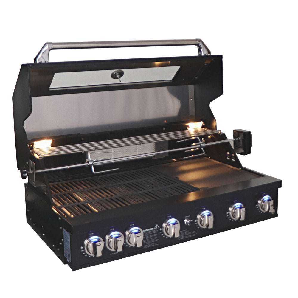 Smart 601WB black built-in gas BBQ with hood open and under-hood lighting