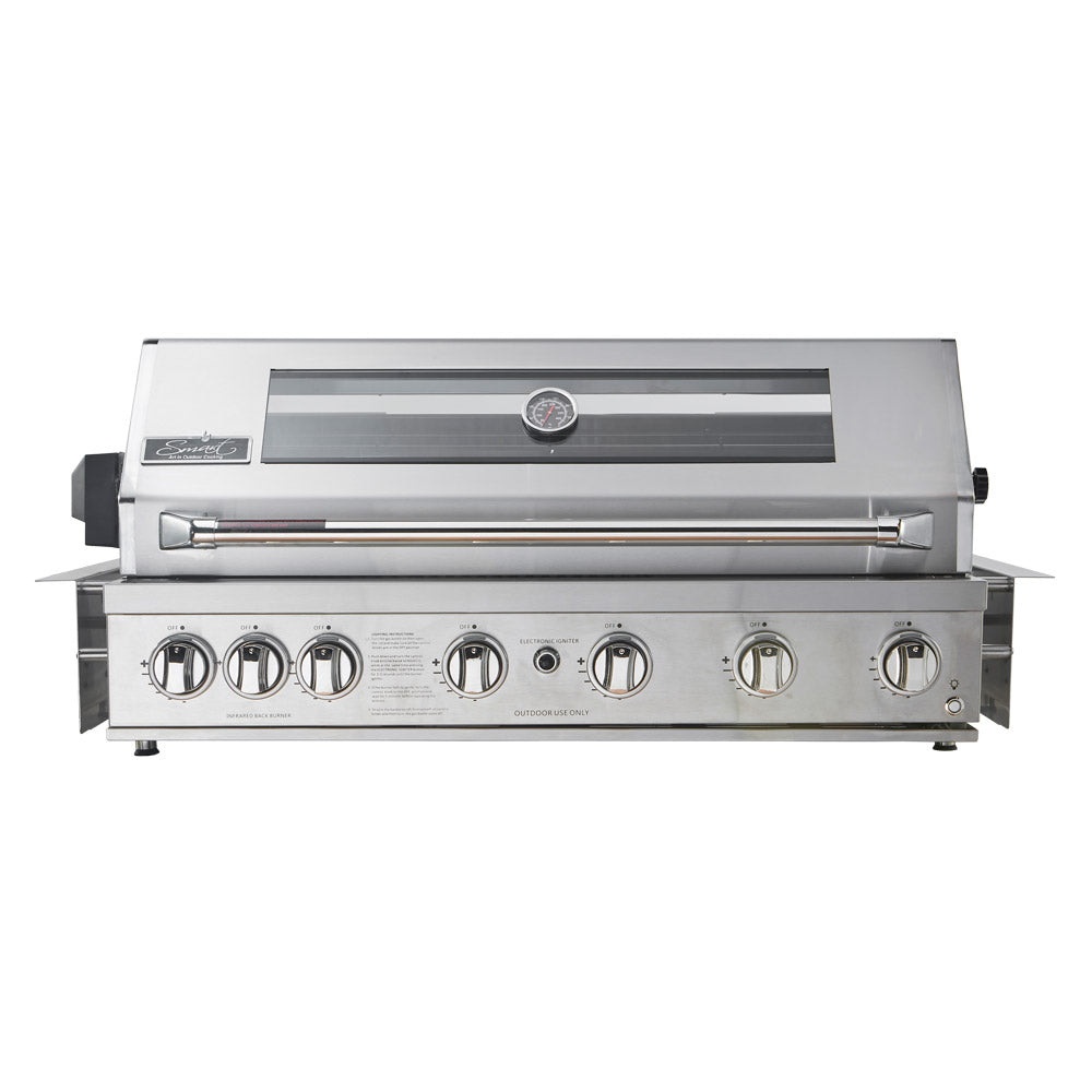 Smart 601WB stainless steel built-in gas BBQ front view with hood closed and six control knobs