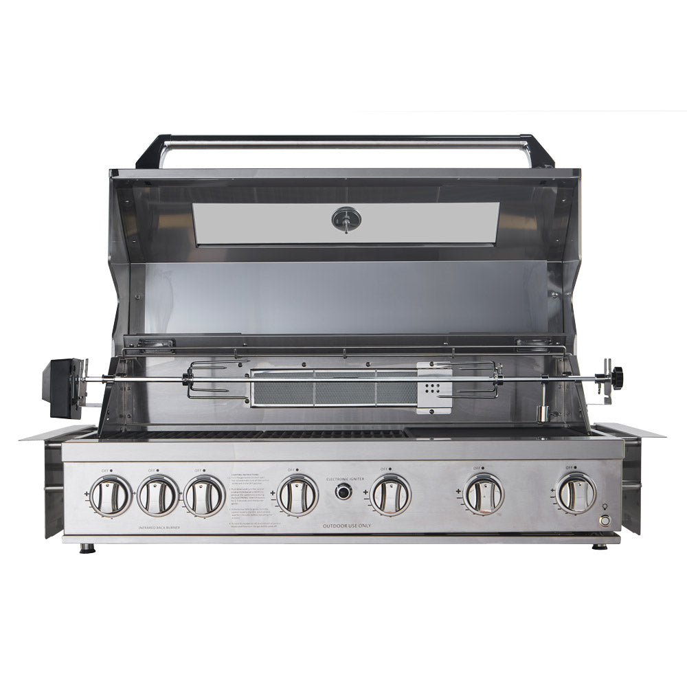 Smart 601WB stainless steel built-in gas BBQ front view with hood open showing rotisserie