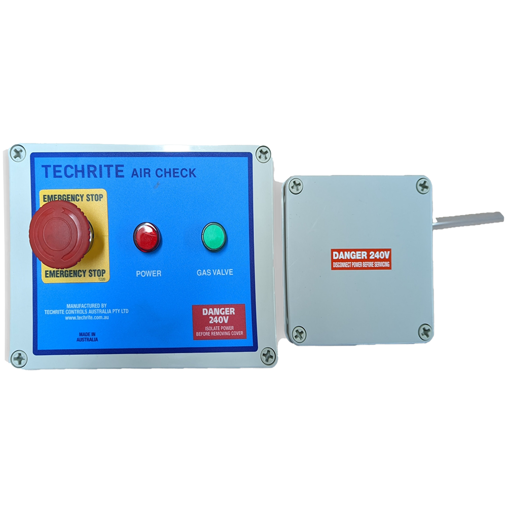 Smart CAPIL BBQ interlock system Air Check control box with emergency stop, power and gas valve lights beside the air sensing unit