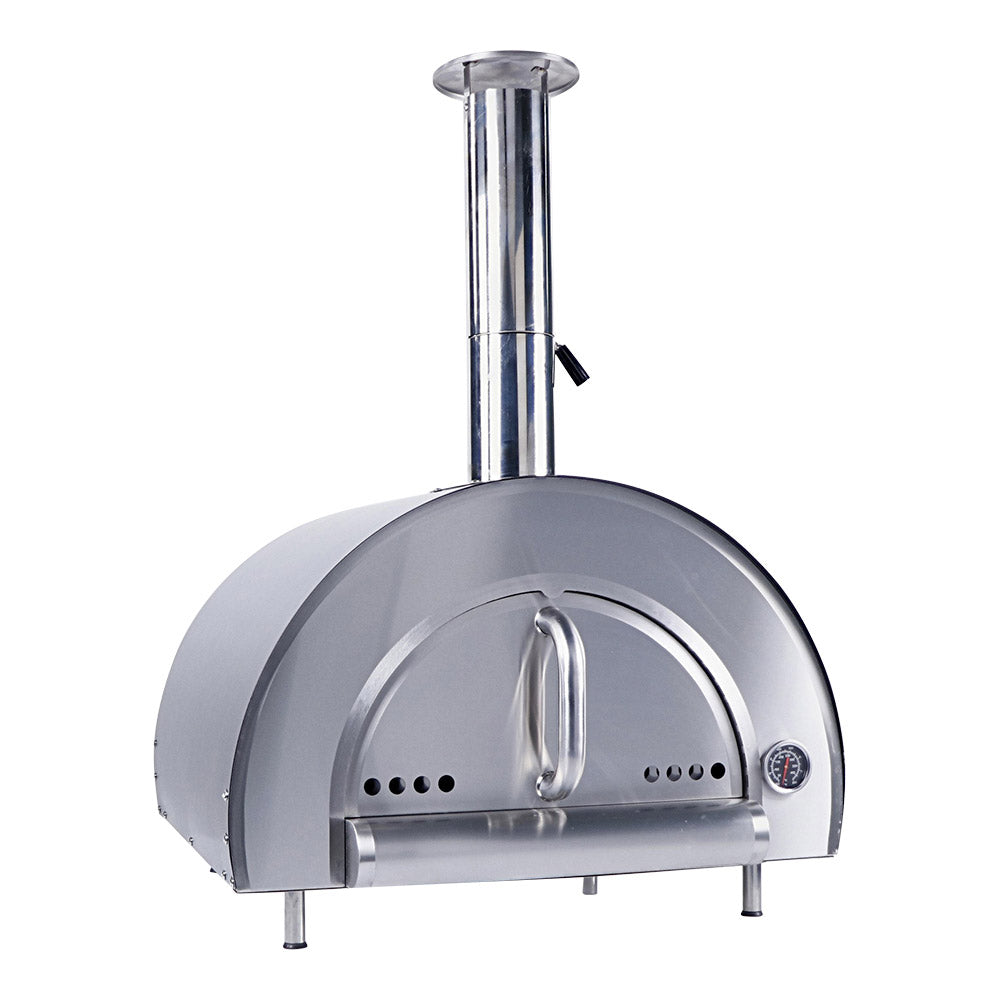 Smart PW01 wood fired pizza oven front view in stainless steel with black exterior