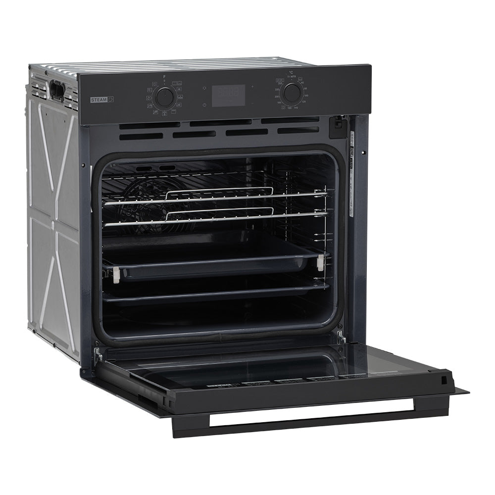 Whirlpool W4OMSK581RU1SBA black steam oven angled view with door open