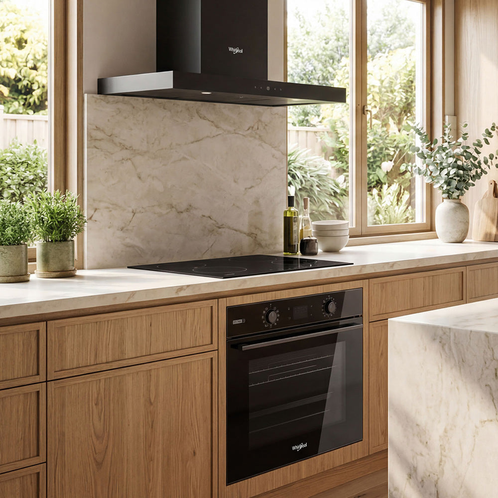Whirlpool W4OMSK581RU1SBA black steam oven in a kitchen setting