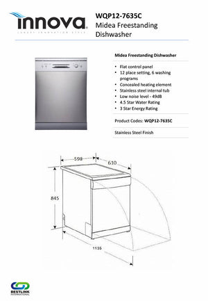 Midea WQP127635C 60cm Stainless Steel Freestanding Dishwasher
